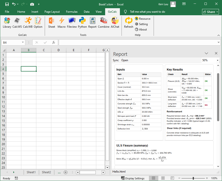 GoCalc Addin report panel